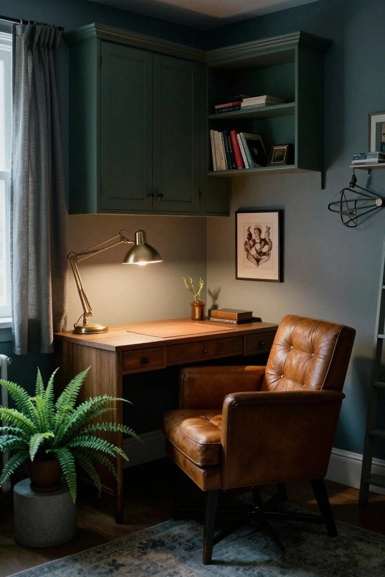 Cozy wooden desk with brown leather chair, lit brass lamp, green cabinets, and fern plant