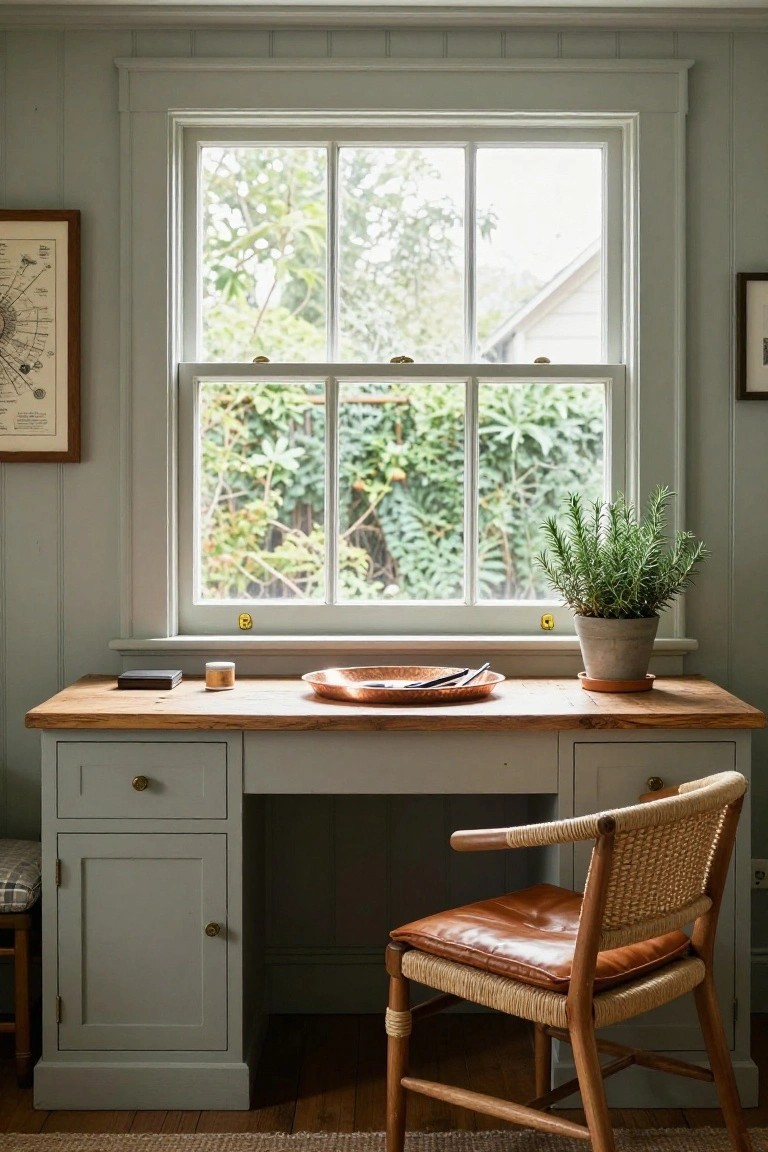 A wooden desk with gray painted cabinets is positioned under a large white-framed window, with a woven and leather chair in front and a potted plant on the right side of the desk.