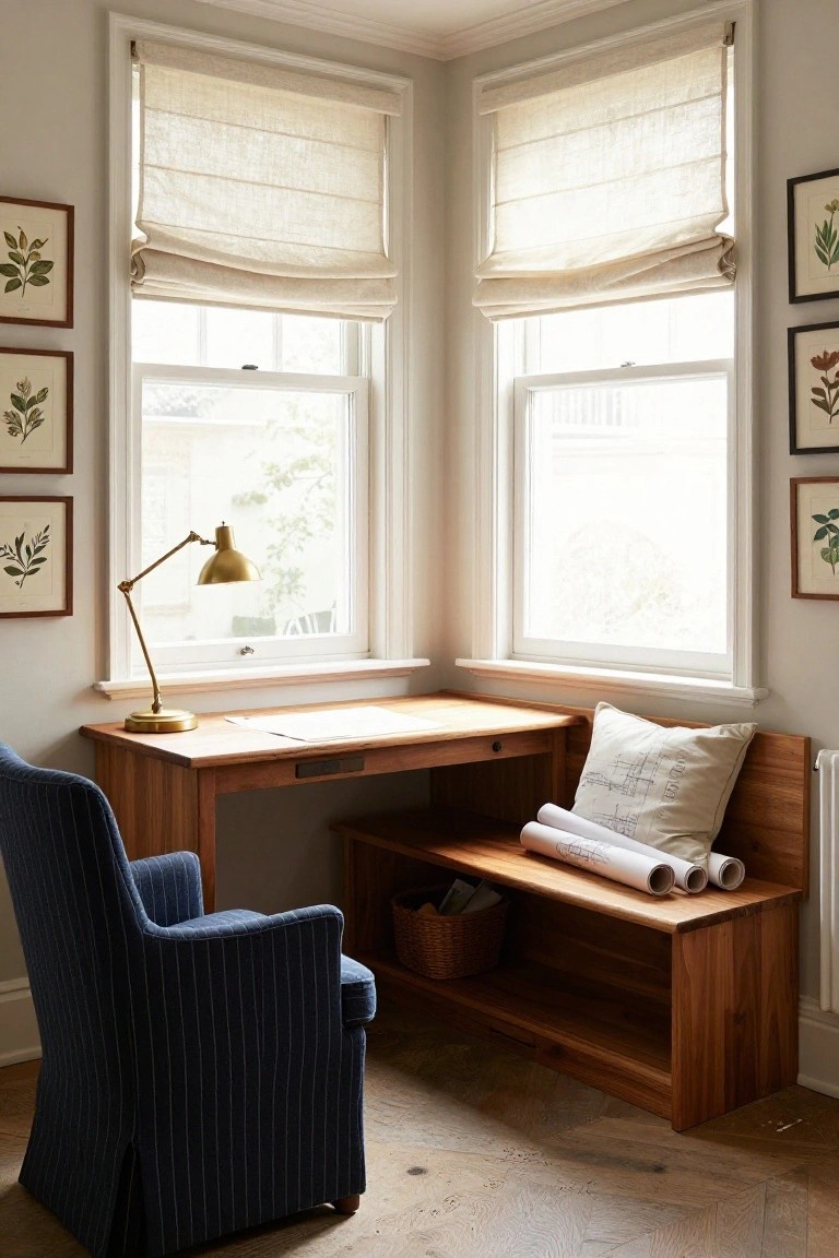 Wooden desk with brass lamp beside blue striped chair under two shaded windows