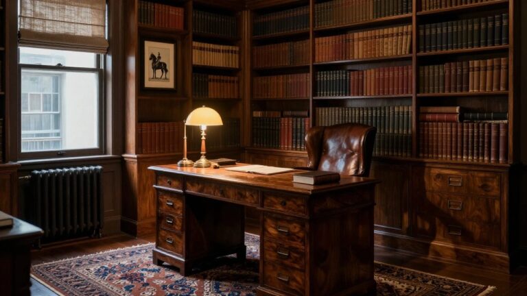 24 Refined Gentleman Office Ideas for a Strong and Stylish Setup A wooden desk and leather chair sit in front of built-in bookshelves filled with books in a home office with a window to the left.