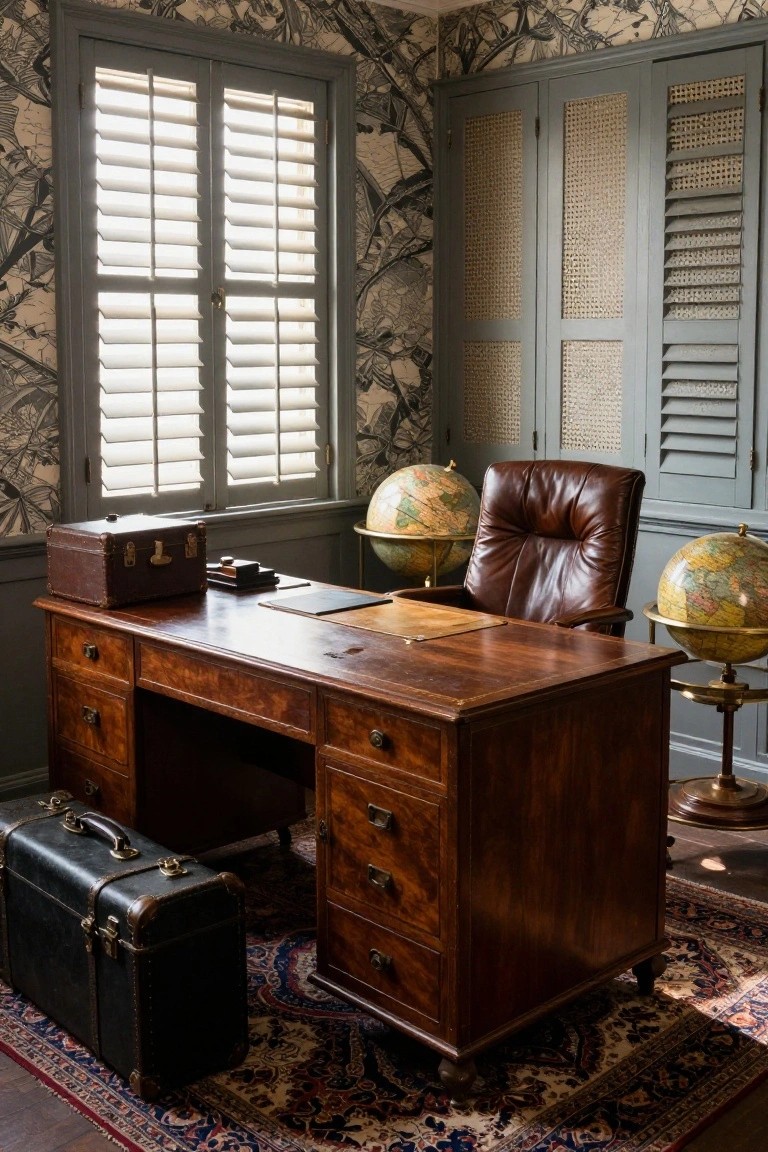 A dark wooden desk with multiple drawers sits in a room with a brown leather office chair, two globes on stands, and vintage suitcases on a patterned rug.