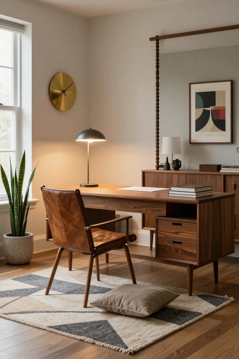 A wooden desk with a brown leather armchair on a patterned rug in a home office.