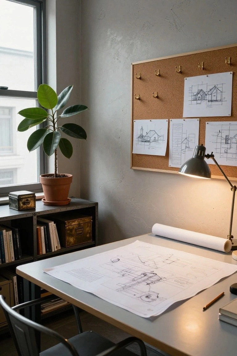 A desk holds large architectural blueprints under a lit desk lamp, with a corkboard on the wall displaying pinned sketches and plans beside a window and potted plant.