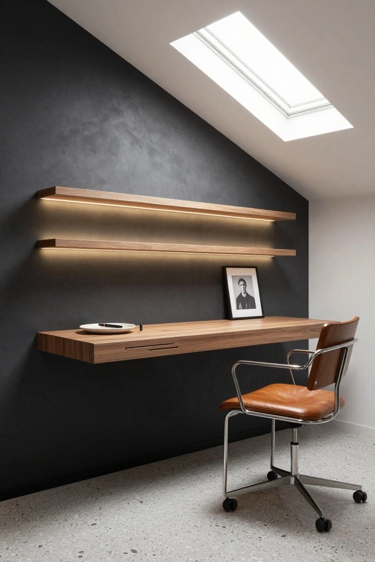 A floating wooden desk with two illuminated shelves above it is mounted on a dark textured wall, with a brown leather office chair in front and a skylight overhead.
