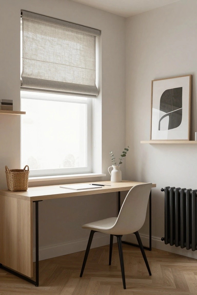 A light wood desk with black legs sits under a window with a rolled-up linen blind, paired with a white molded chair on a herringbone wood floor.