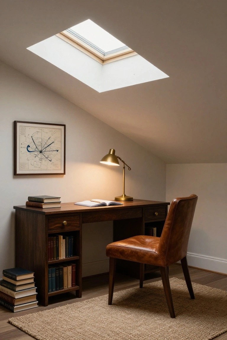 A wooden desk with an open book and brass lamp sits under a large skylight in a sloped-ceiling room, next to a brown leather chair and bookshelves.