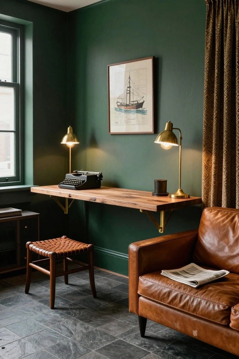A home office featuring a wall-mounted wooden desk with brass brackets, a black typewriter, two lit brass lamps, a brown leather armchair with a newspaper, a woven leather stool, and a framed ship print on a dark green wall.