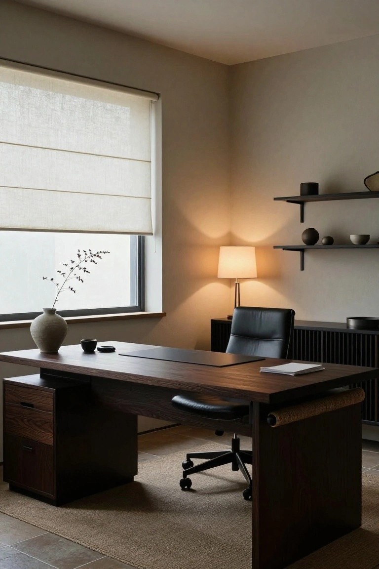 A modern home office with a large dark wood desk, black leather office chair, table lamp, and a window with a roller shade.