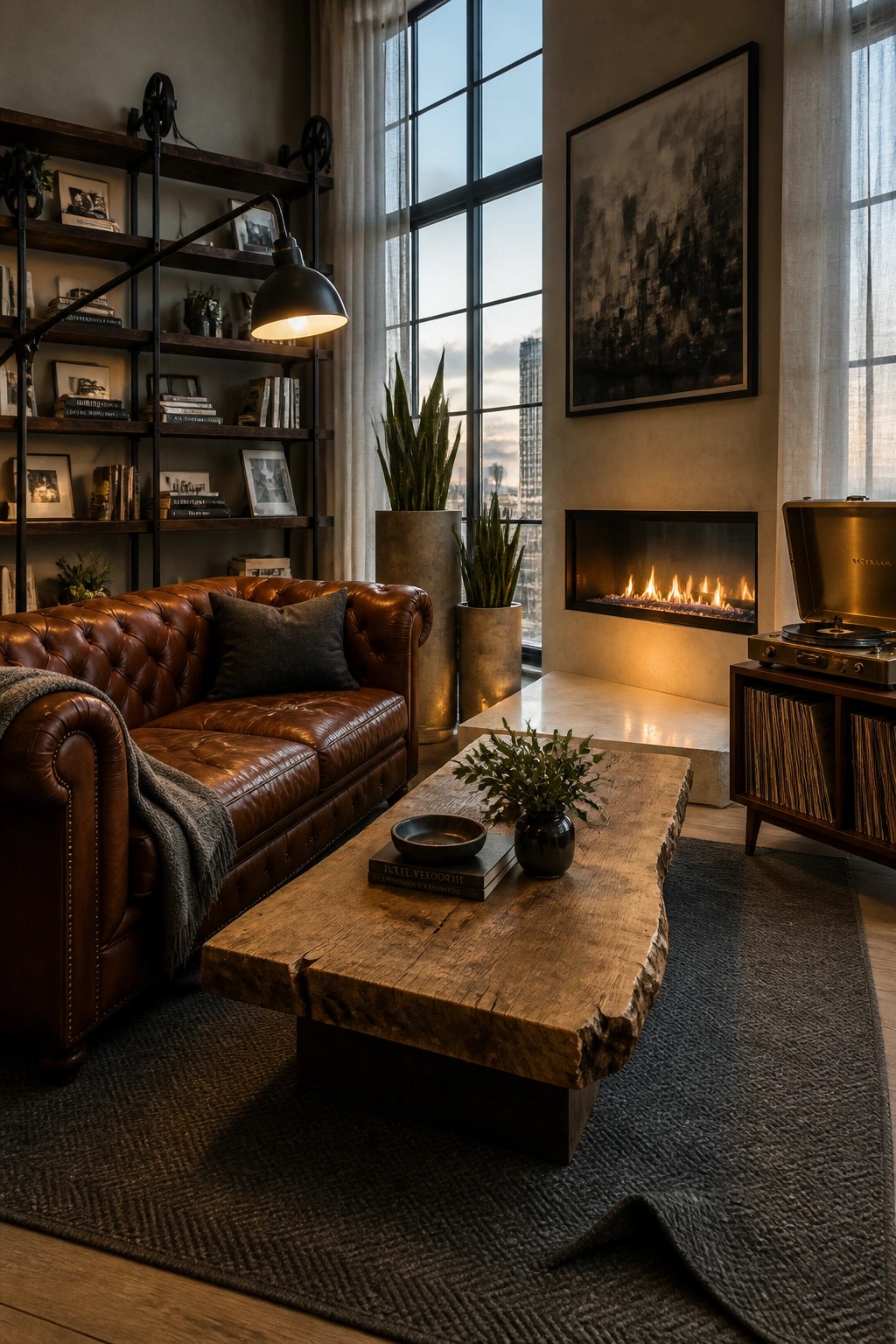 A living room with a brown leather sofa, a large rustic wood coffee table on a dark rug, industrial shelving, and a modern fireplace.