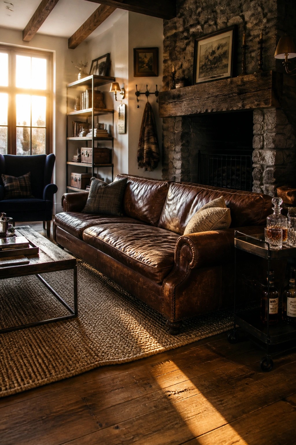 A brown leather sofa sits in front of a stone fireplace in a living room with wood floors and a woven rug.