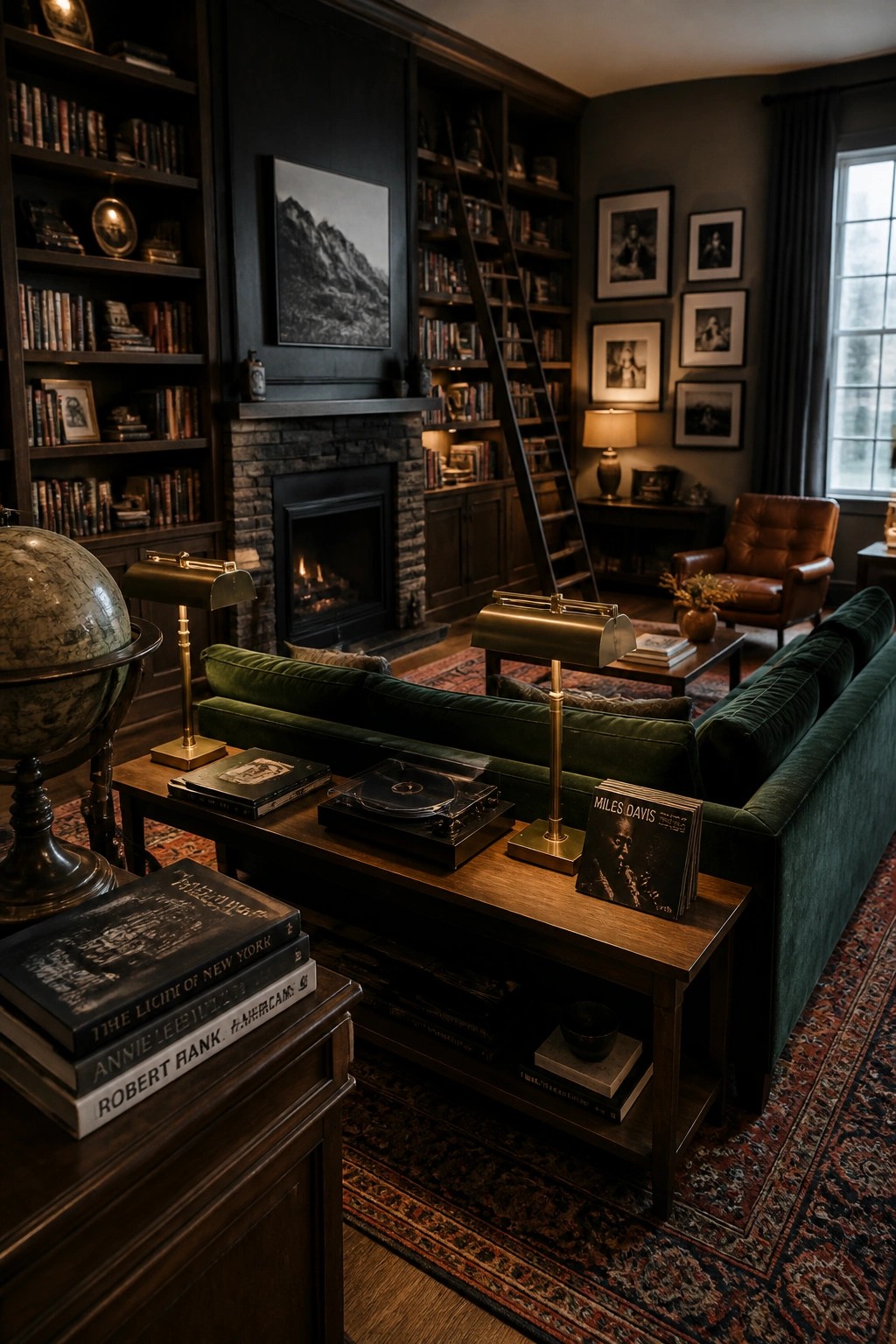 A masculine living room with dark built-in bookshelves filled with books, a rolling ladder, a stone fireplace, green velvet sofa, and wooden tables.