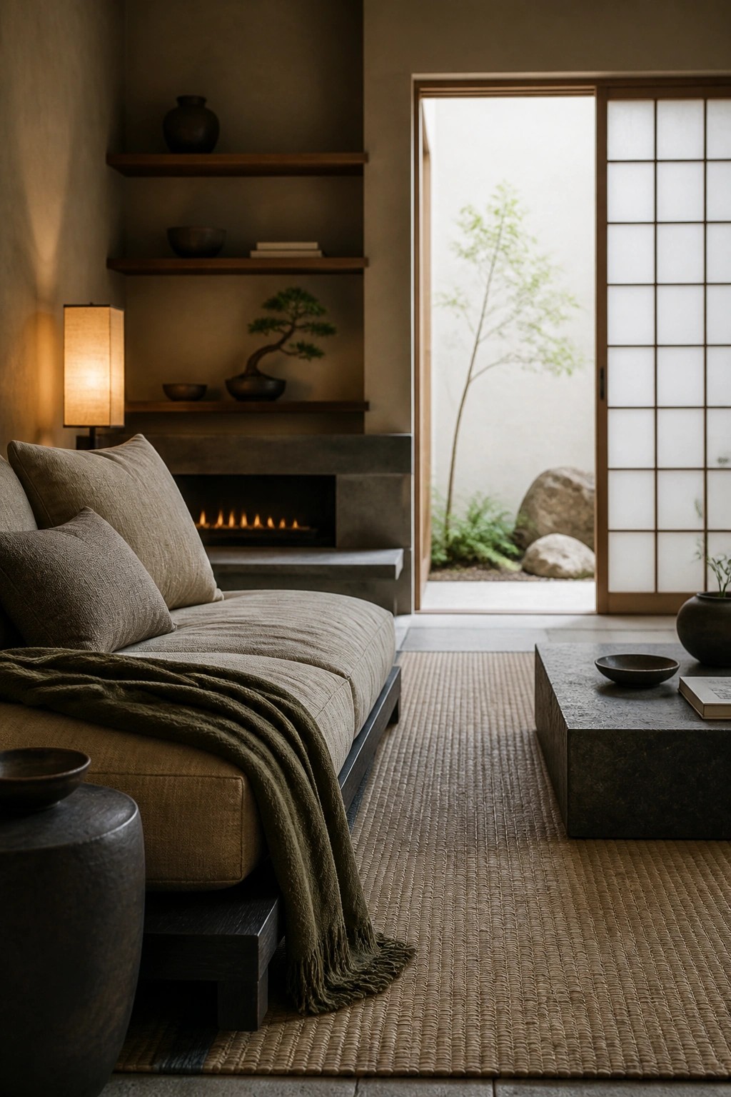 Minimalist Japanese room with beige sofa, bonsai shelves, fireplace, woven rug, and shoji doors.
