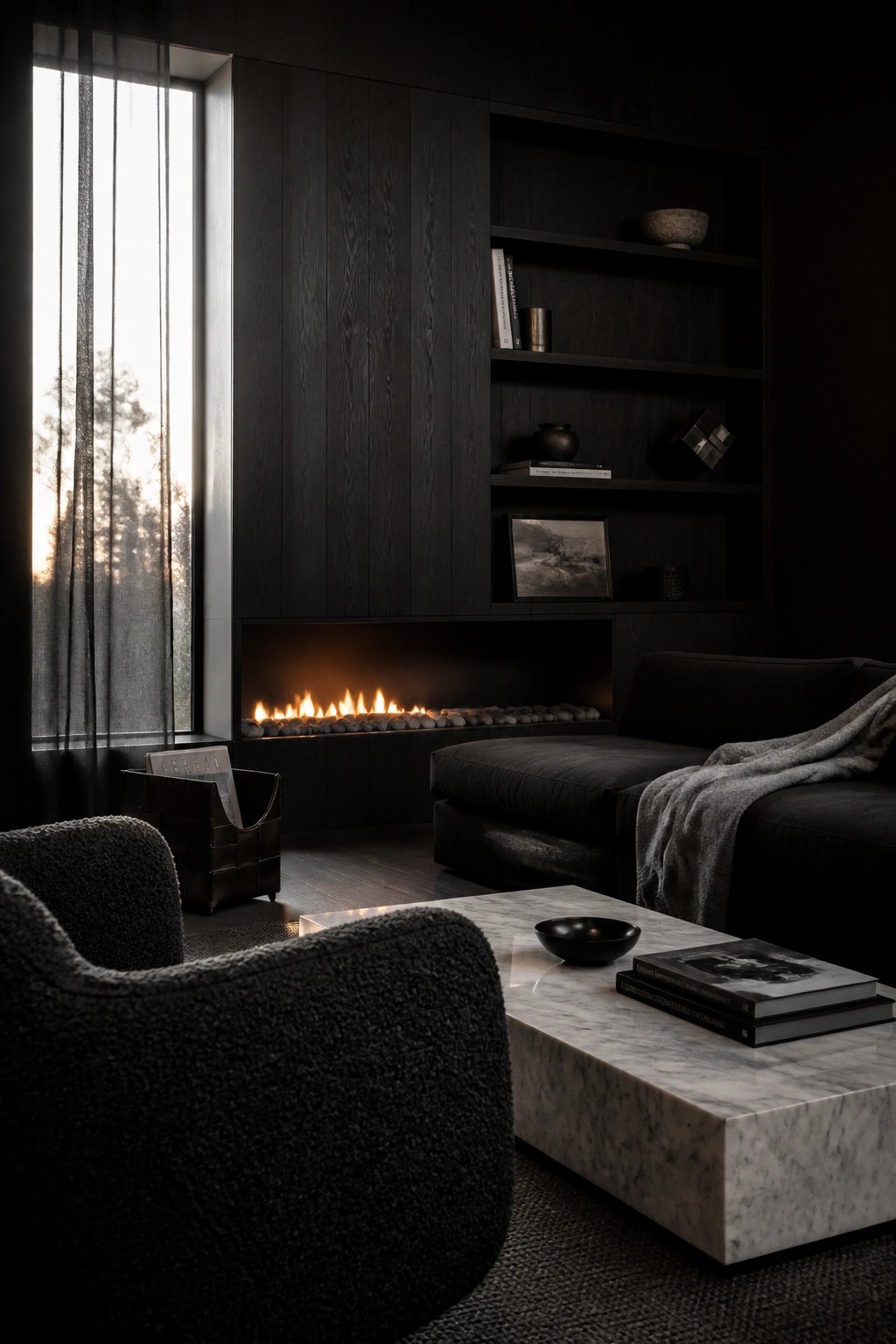 A dark living room featuring built-in wood shelving and cabinetry surrounding a linear fireplace, with a marble coffee table and dark seating in the foreground.