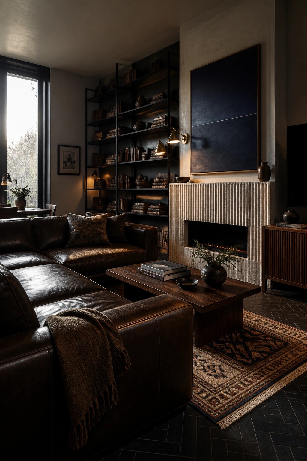A dark leather sectional sits in front of a wooden coffee table, with built-in black bookshelves and a fireplace visible in the background of a dimly lit living room.