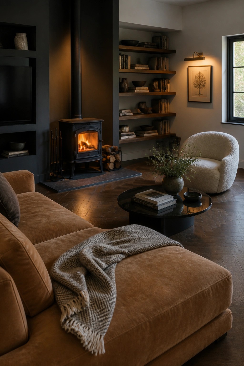 Cozy living room with burning wood stove, brown velvet sofa, and bookshelves