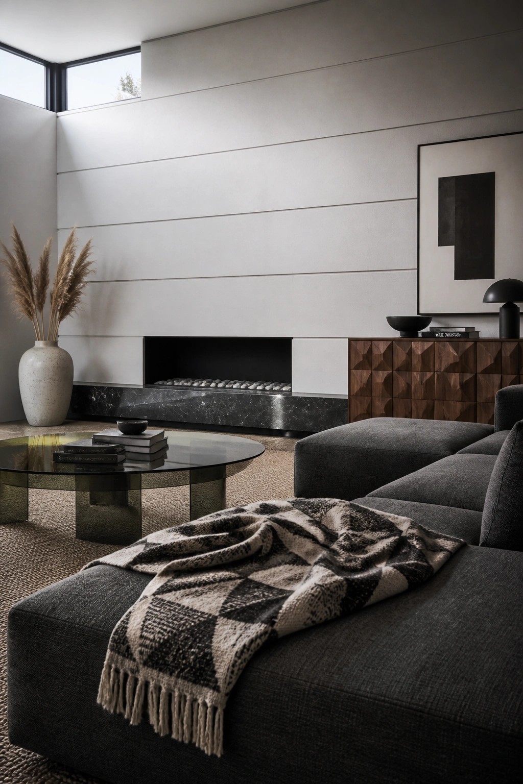 A modern living room with a large dark gray sectional sofa draped in a black and beige patterned throw, a round glass coffee table, a built-in fireplace, and a geometric wood cabinet against a light wall.