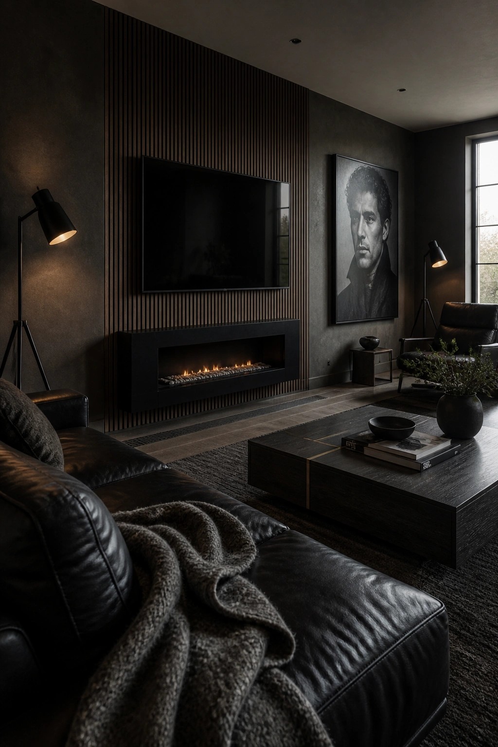 A dark masculine living room featuring black leather seating, a linear fireplace below a wall-mounted TV, wood slat wall paneling, and a large black-and-white portrait.