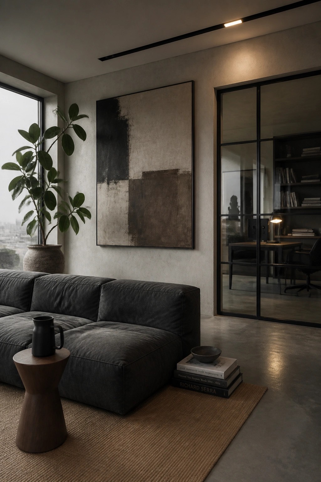 A living room with a large dark sectional sofa, wooden side table, stacked books on a rug, and abstract wall art in neutral tones.