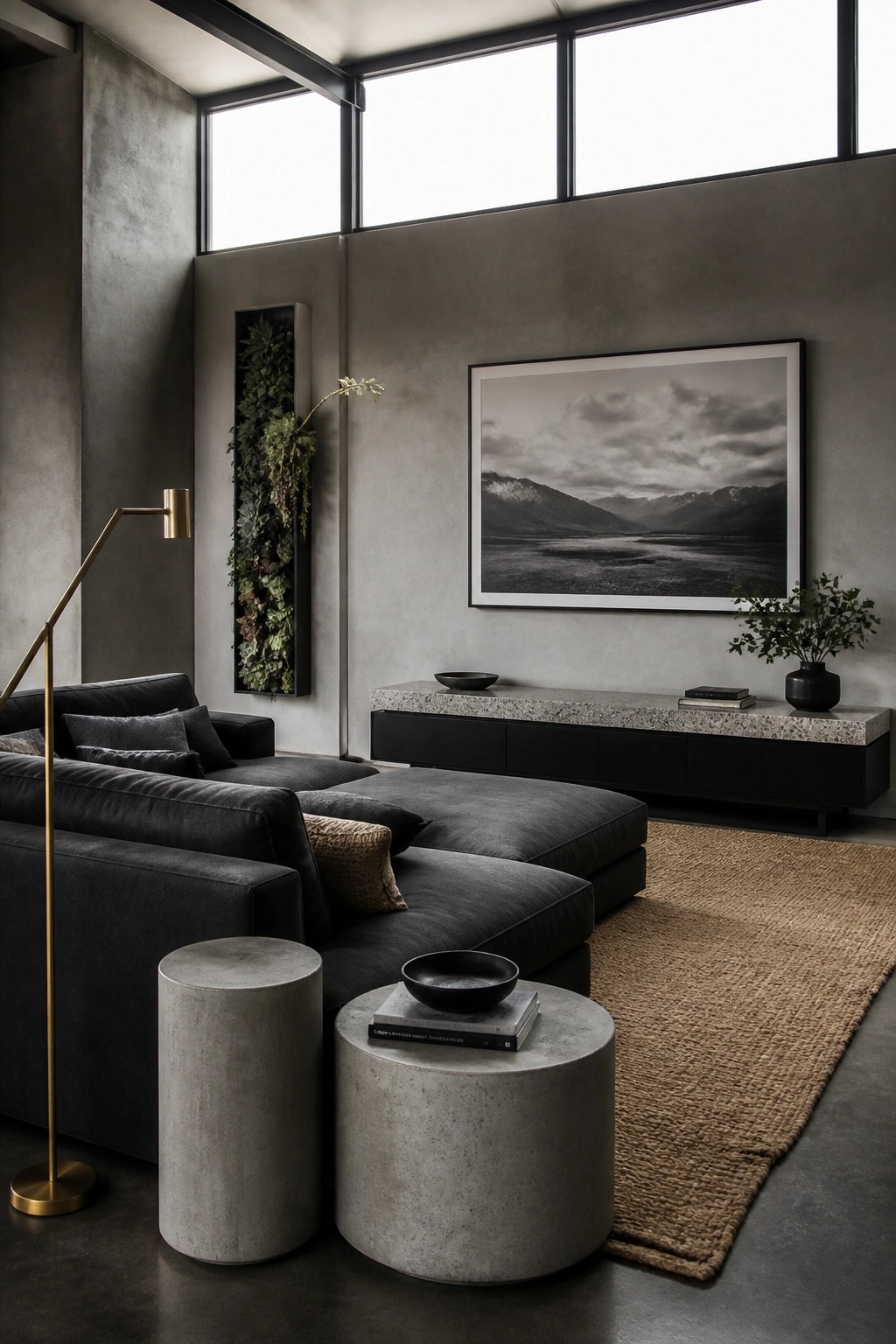 A spacious living room featuring a large dark sectional sofa, round concrete side tables, a brass floor lamp, and a large black and white landscape photograph above a long console.