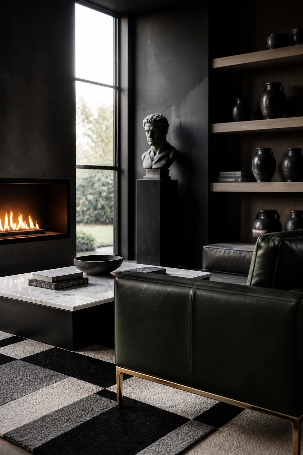 A living room with black walls, a dark green leather sofa, a marble coffee table on a black and white striped rug, built-in shelves holding dark pottery, a classical bust on a pedestal, and a lit fireplace beside tall windows.