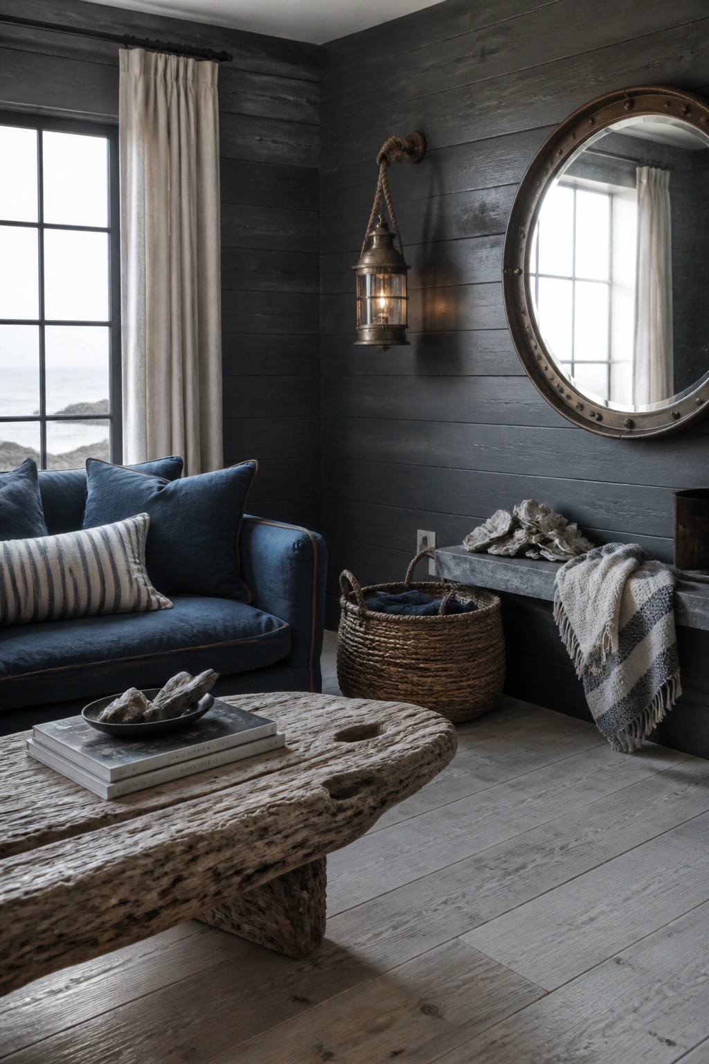 A living room featuring dark wood shiplap walls, a blue sofa with striped pillows, a rustic wooden coffee table, a round metal mirror, and a hanging lantern light.