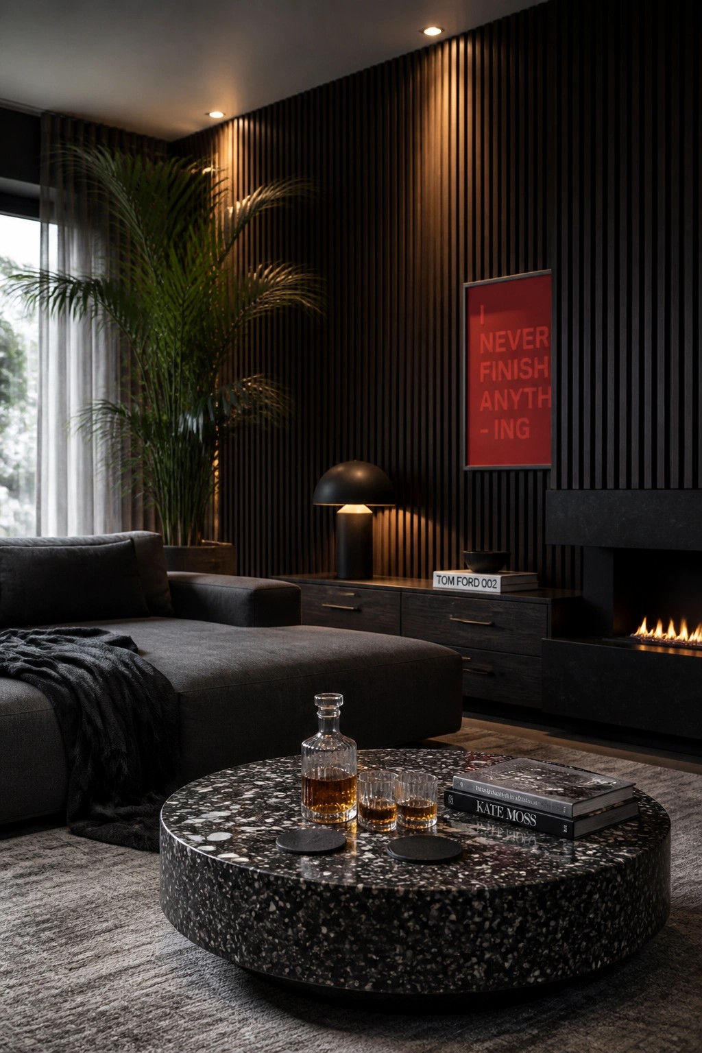 A modern living room with a dark gray sectional sofa, round terrazzo coffee table holding a decanter and glasses, dark wood slatted wall, red artwork, and built-in fireplace.