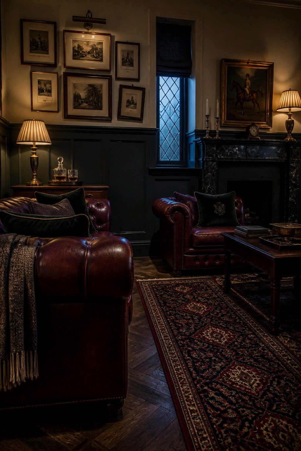 A dimly lit living room featuring red leather sofas and armchairs, dark green wainscoting, a marble fireplace, framed artwork on the walls, and a patterned rug.