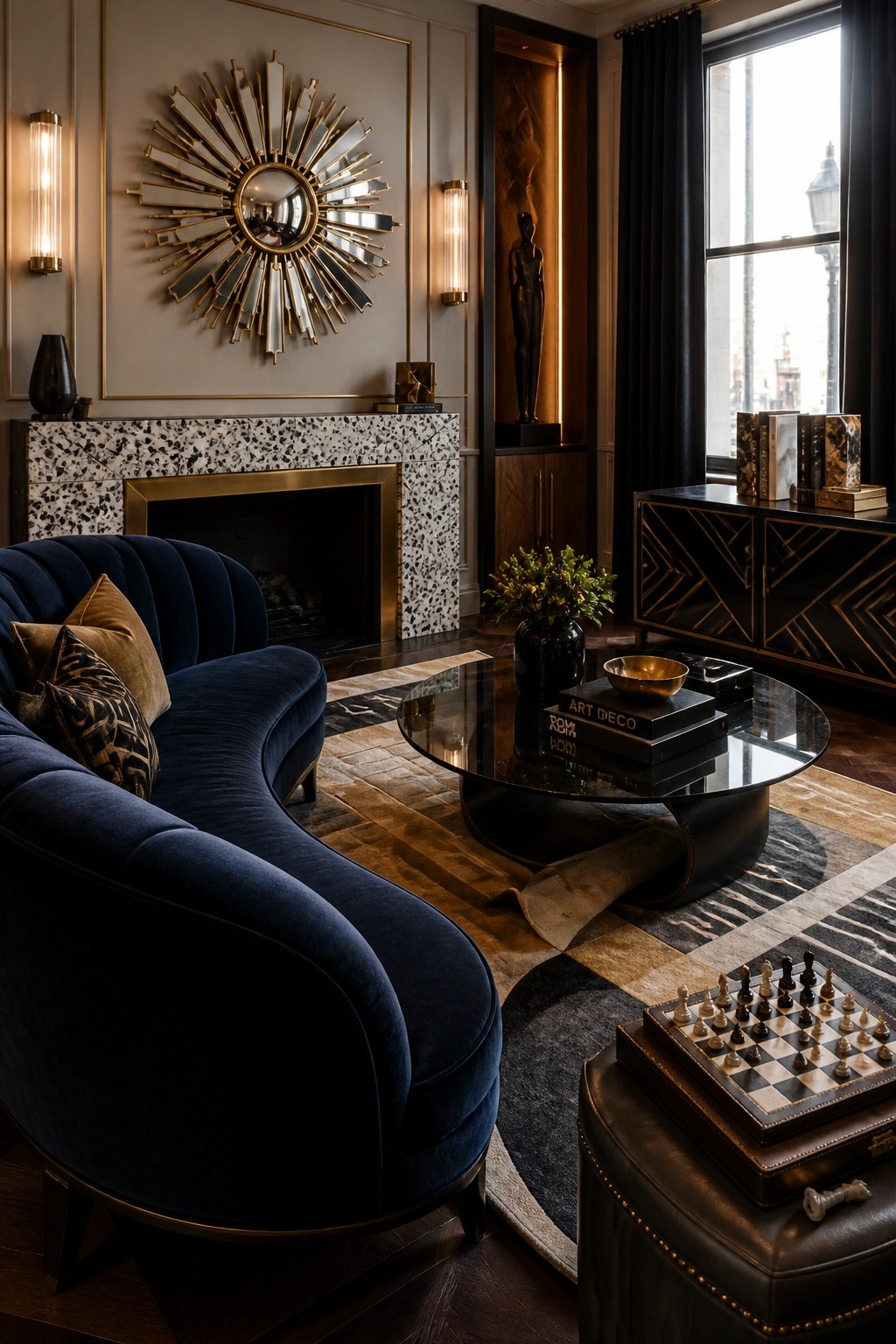 A living room with a curved navy velvet sofa, round glass coffee table, terrazzo fireplace, chess set on a leather ottoman, and dark wood cabinetry.