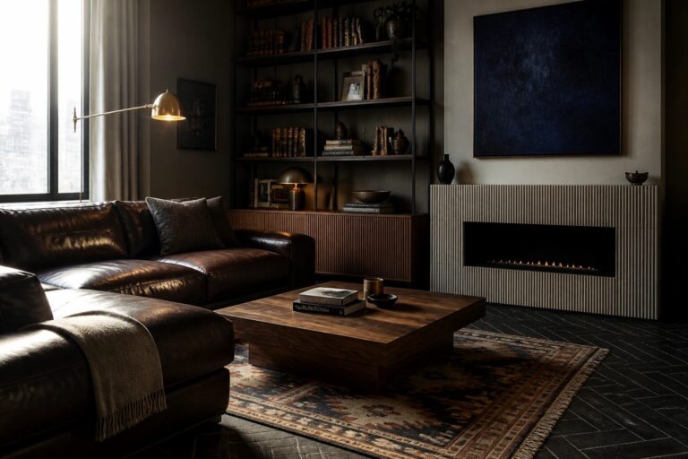 24 Refined Masculine Living Room Ideas for a Polished Look A dark leather sectional sits in front of a wooden coffee table, with built-in black bookshelves and a fireplace visible in the background of a dimly lit living room.