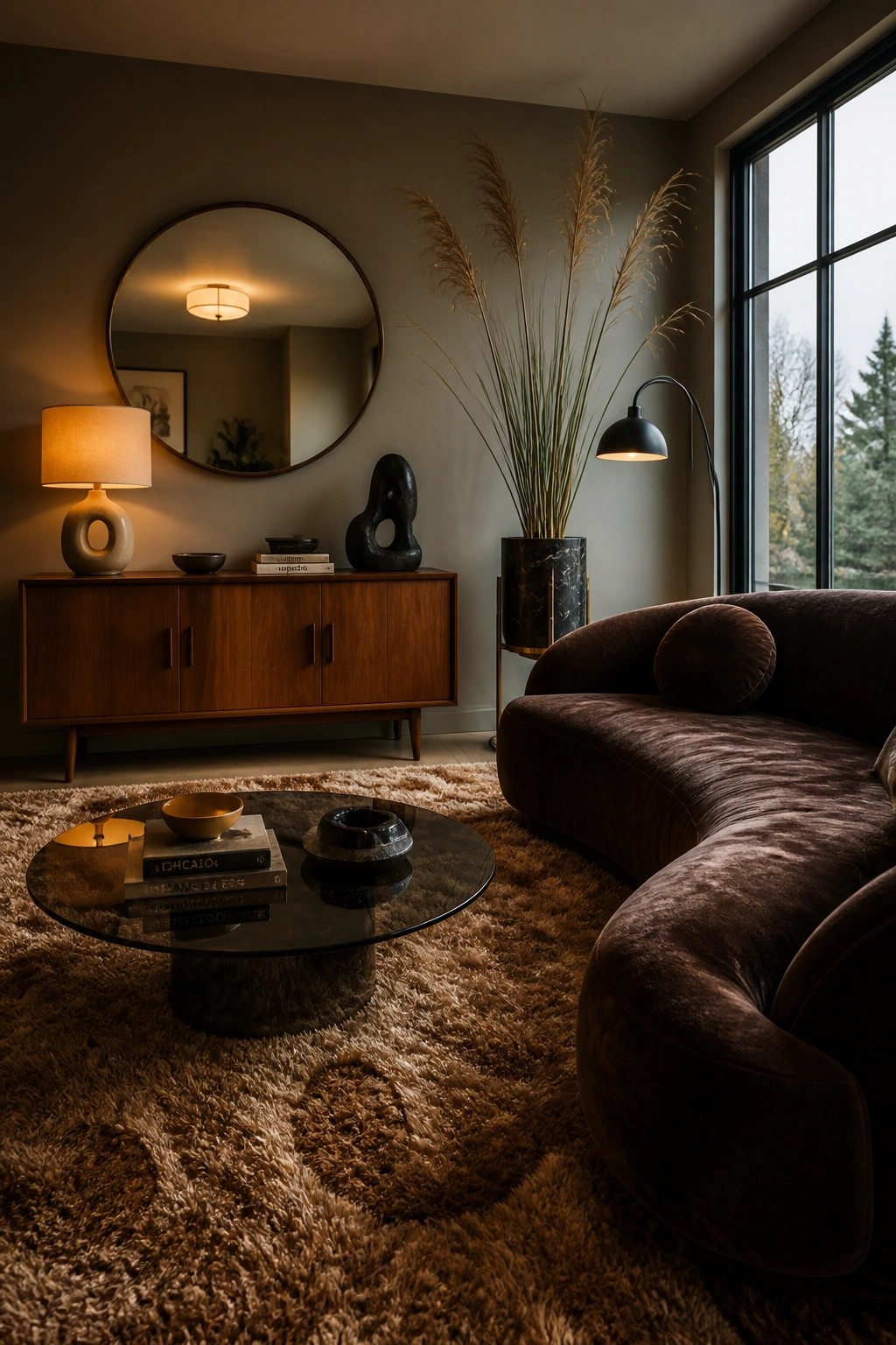 Living room with a curved dark brown velvet sofa on a shaggy brown rug, round glass coffee table, wooden sideboard, round mirror on the wall, and a black floor lamp near a large window.