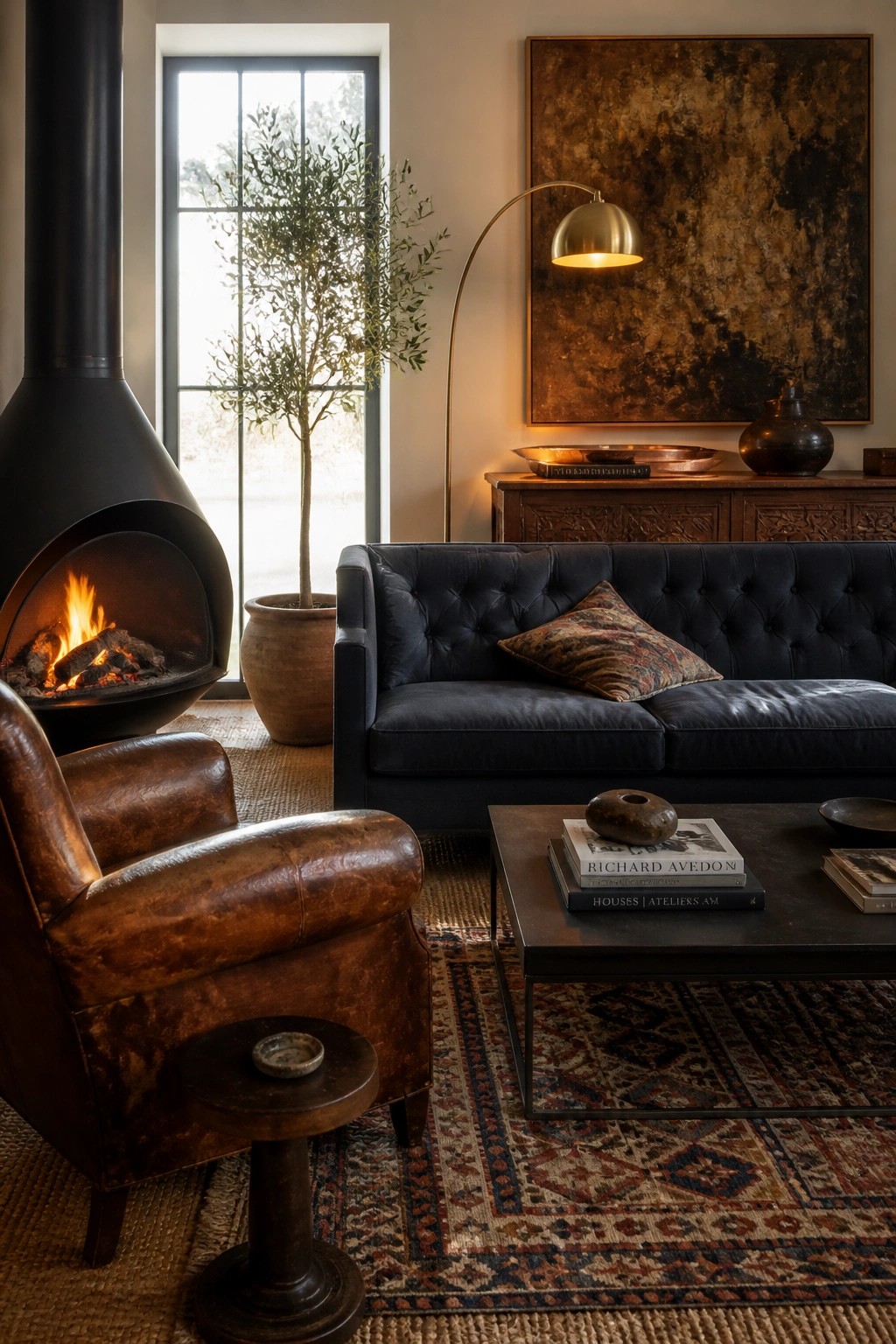 A living room featuring a black leather tufted sofa, a brown leather armchair, a black fireplace with a fire burning, a dark coffee table with books, and a patterned rug.