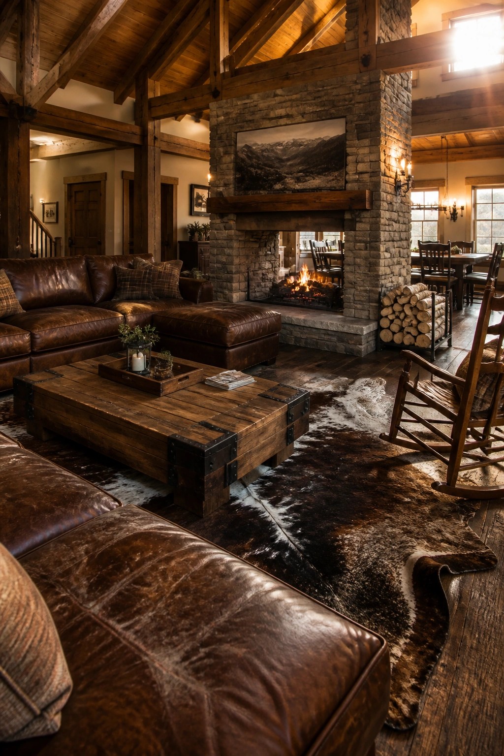 A living room featuring brown leather sofas, a wooden coffee table on a cowhide rug, and a large stone fireplace with a fire.