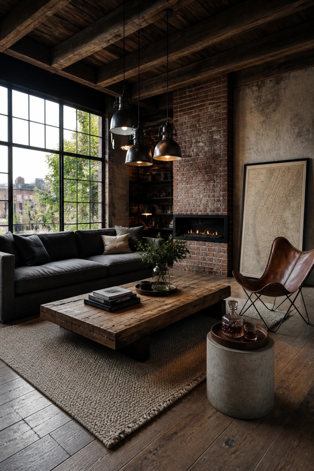 A living room with a dark sofa, large wooden coffee table, brick fireplace, brown leather butterfly chair, and industrial pendant lights.