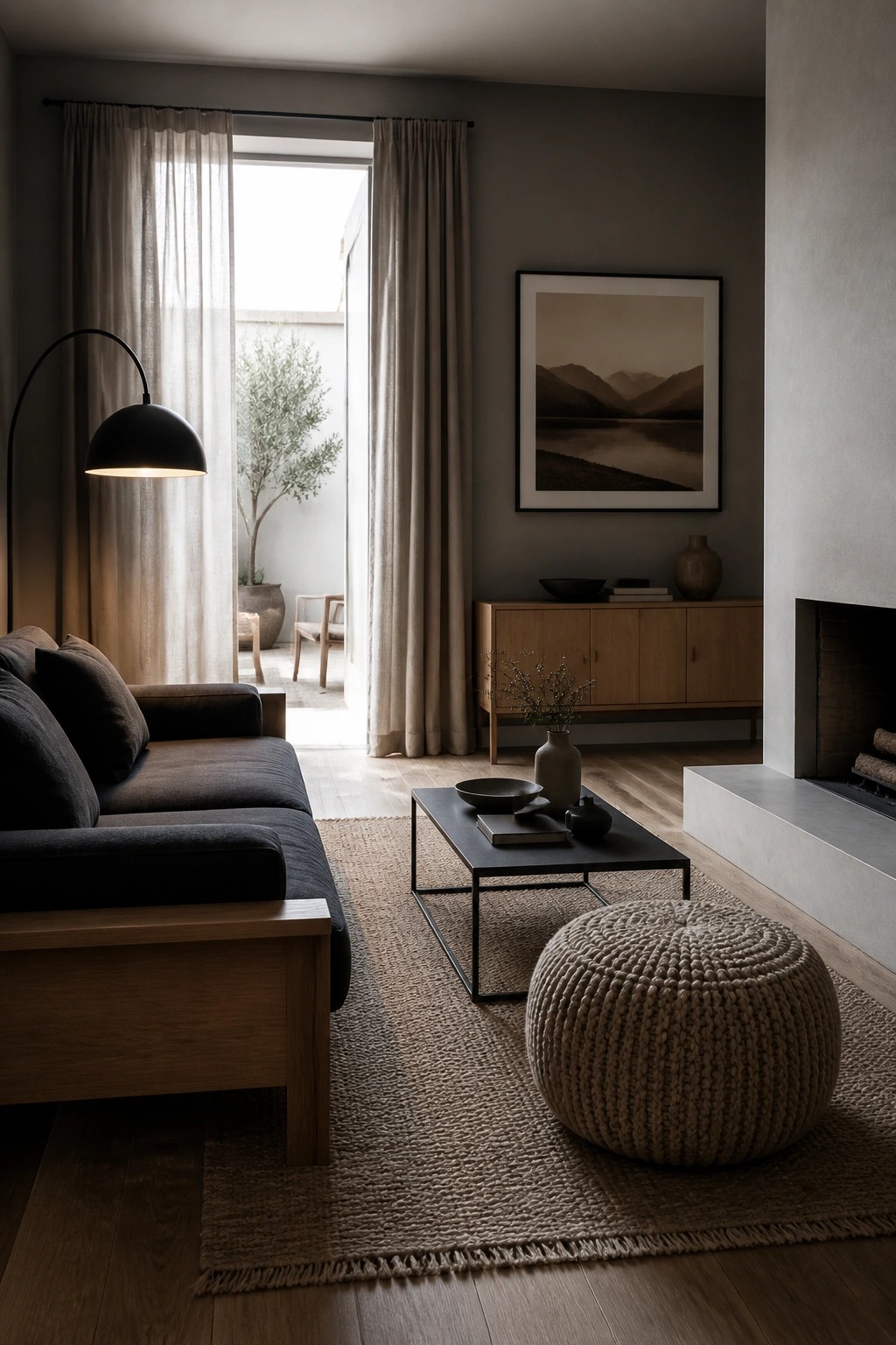 A living room with a dark gray sofa on a wooden frame, a black coffee table, a large woven pouf, a wooden sideboard, and a fireplace, with an open doorway leading outside.