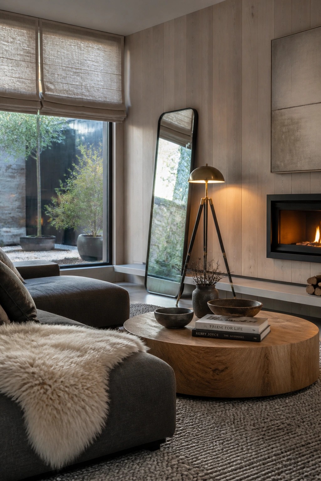 A living room with a large round wooden coffee table centered on a textured rug in front of a gray sectional sofa, near a black fireplace and a tripod floor lamp.