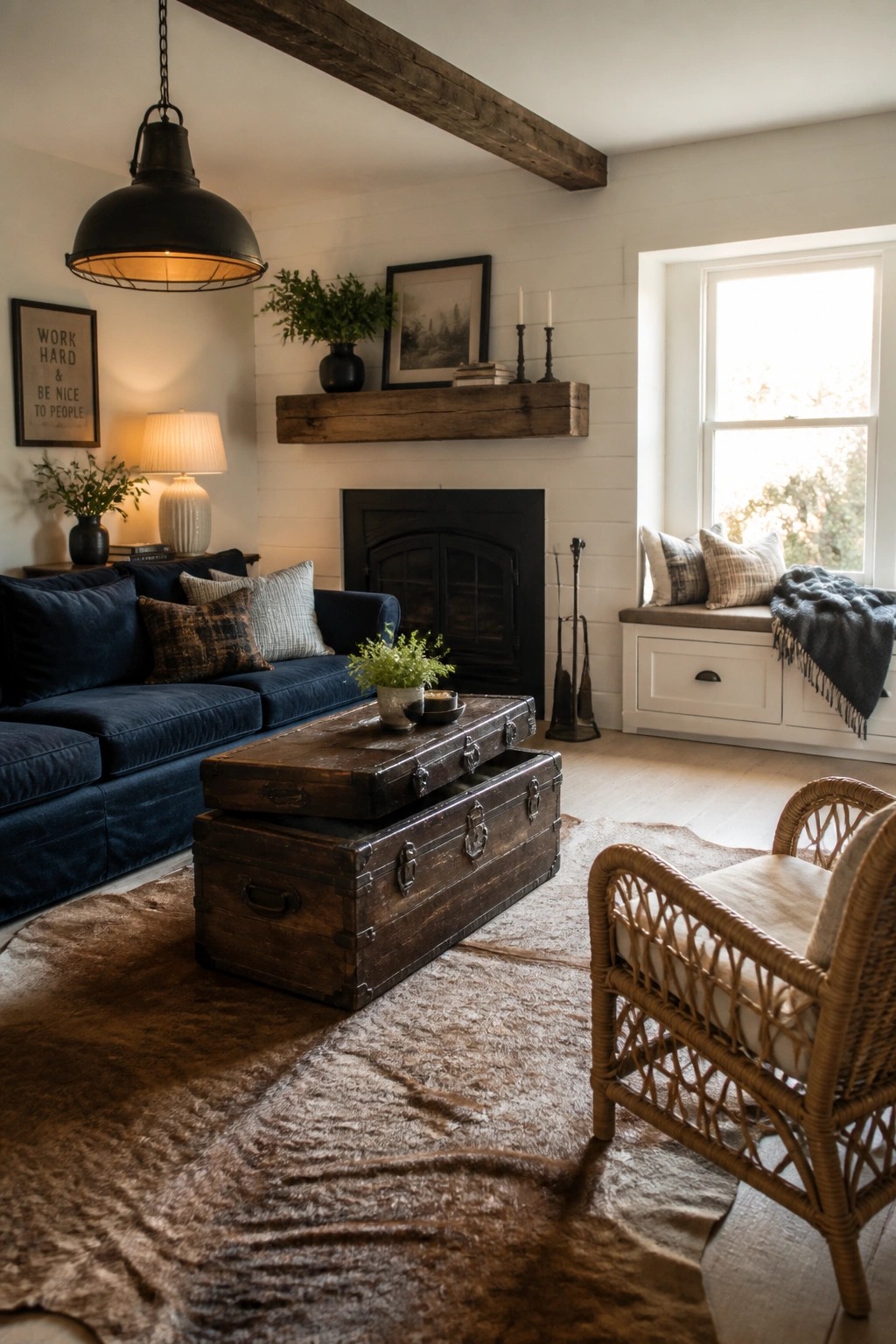 Rustic living room with navy sofa, trunk coffee table, fireplace, and wicker chair.