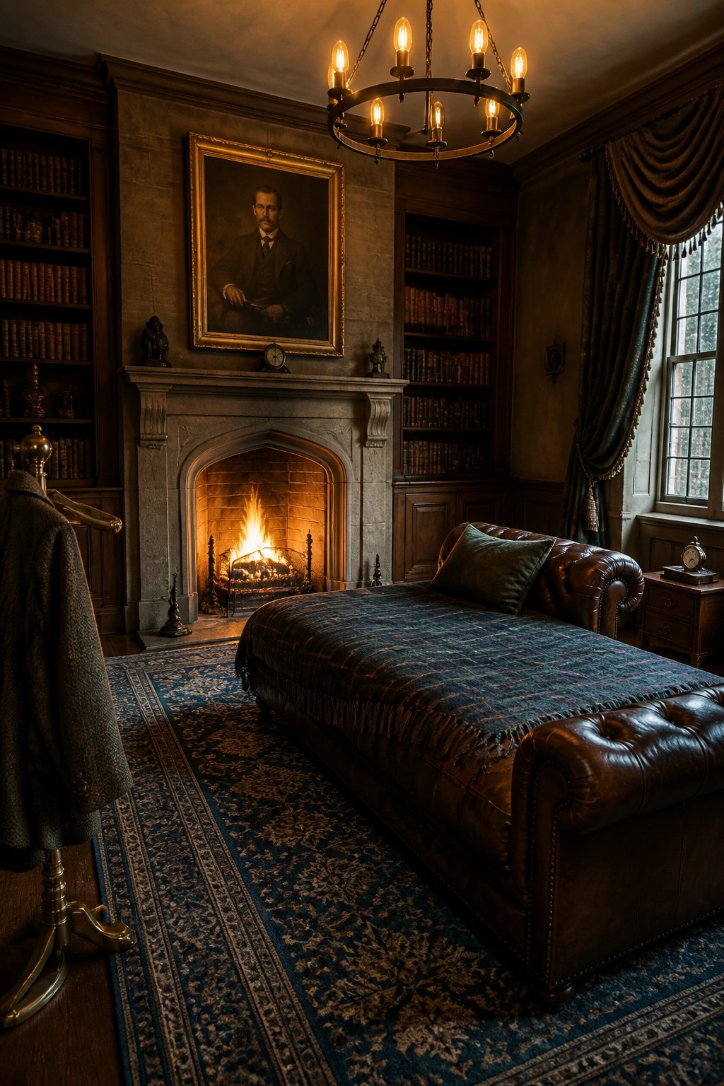 A bedroom interior with a lit stone fireplace, dark wood bookshelves on both sides, a leather chaise in front, and a framed portrait above the mantel.