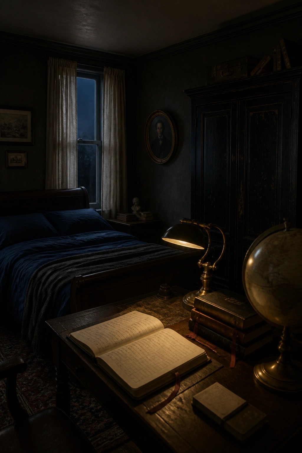 A dimly lit vintage bedroom with a dark wood bed, an open book on a desk, stacked volumes, a globe, and a brass desk lamp.