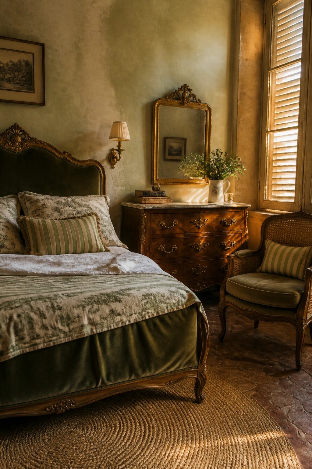A bedroom interior with a large wooden dresser topped with marble, an ornate gold mirror above it, and a bed dressed in green velvet and patterned linens.