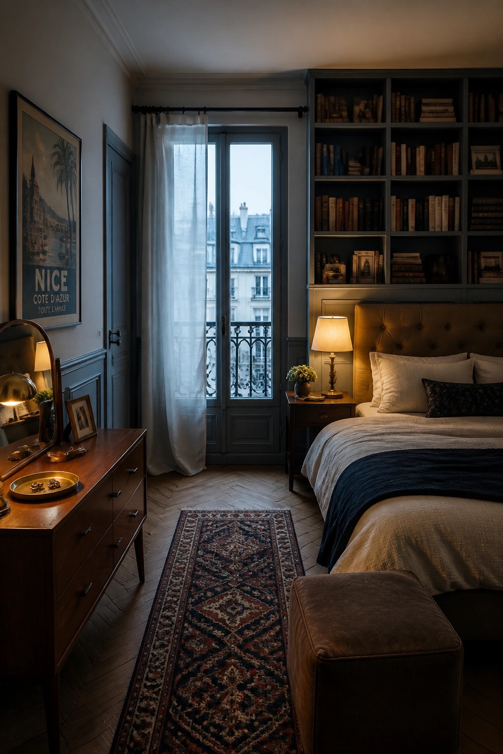 A bedroom with a bed under built-in bookshelves filled with books, a tufted headboard, and a window with sheer curtains.