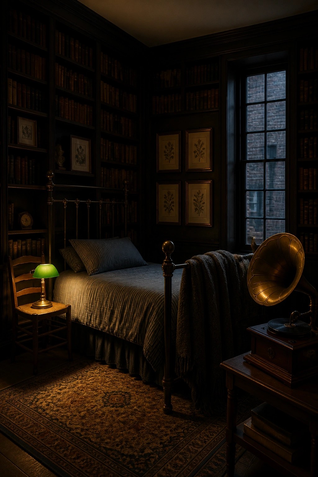 A dark wood bedroom interior with floor-to-ceiling built-in bookshelves, a single bed with blue bedding, and a vintage gramophone on a side table.