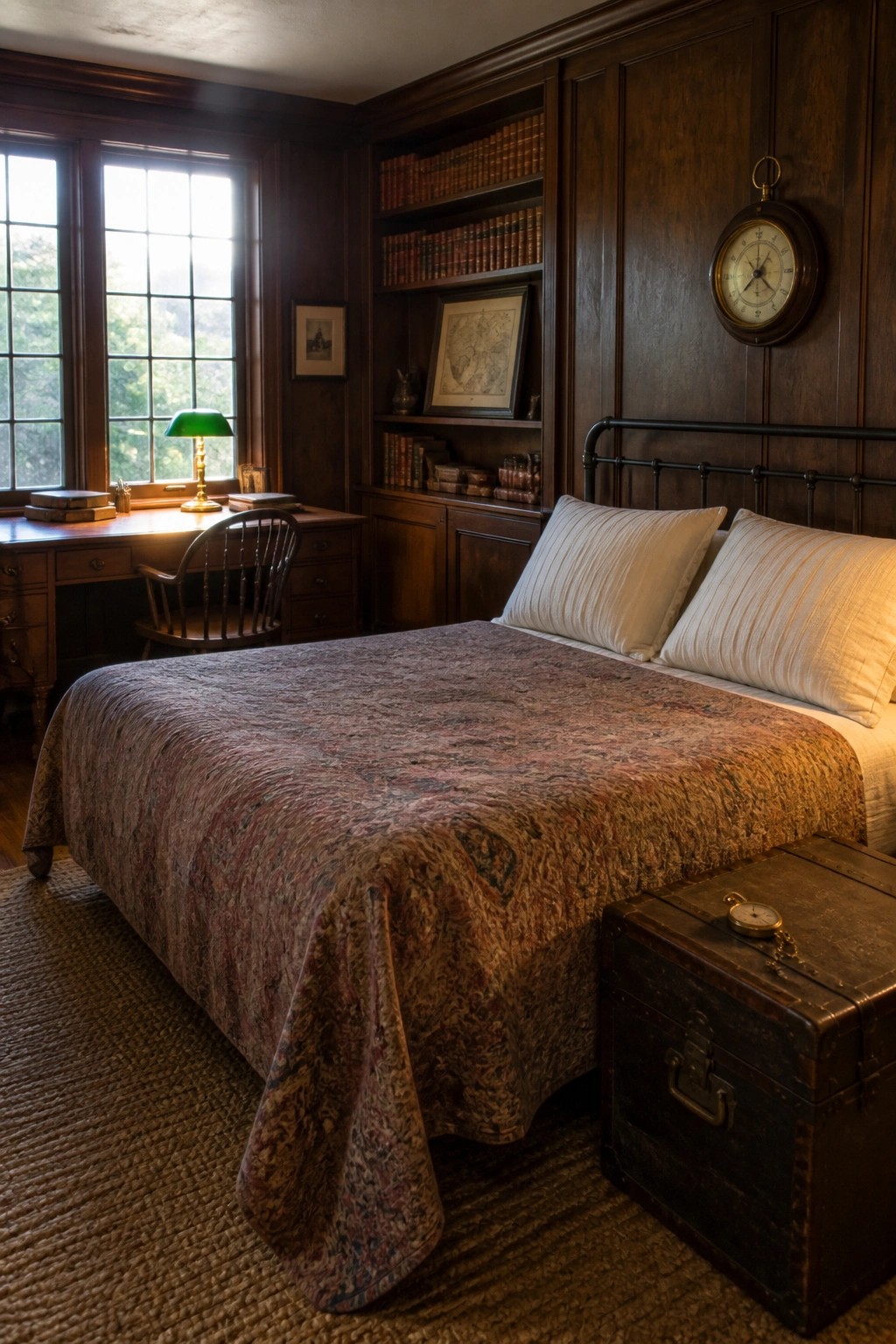 A bedroom with dark wood paneling, built-in bookshelves filled with books, a bed with a patterned coverlet, a wooden desk and chair by the window, and a large trunk at the foot of the bed.
