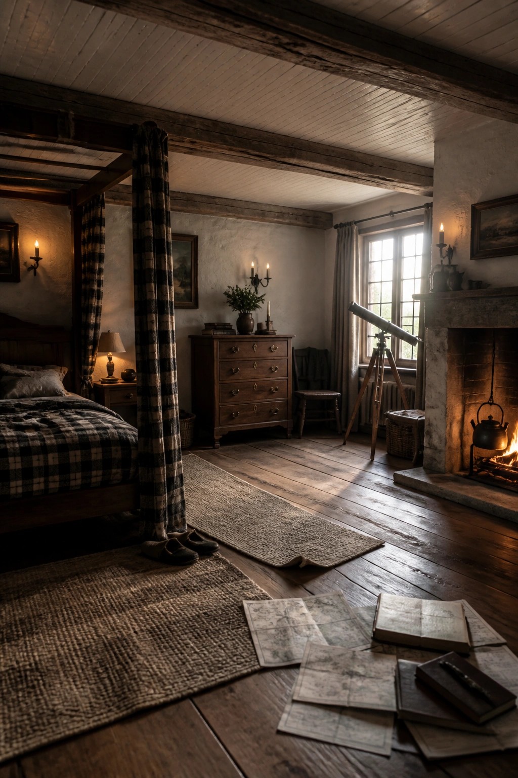 A dimly lit vintage bedroom with a four-poster bed draped in plaid fabric, dark wood dresser, stone fireplace, and old maps spread across the floor.
