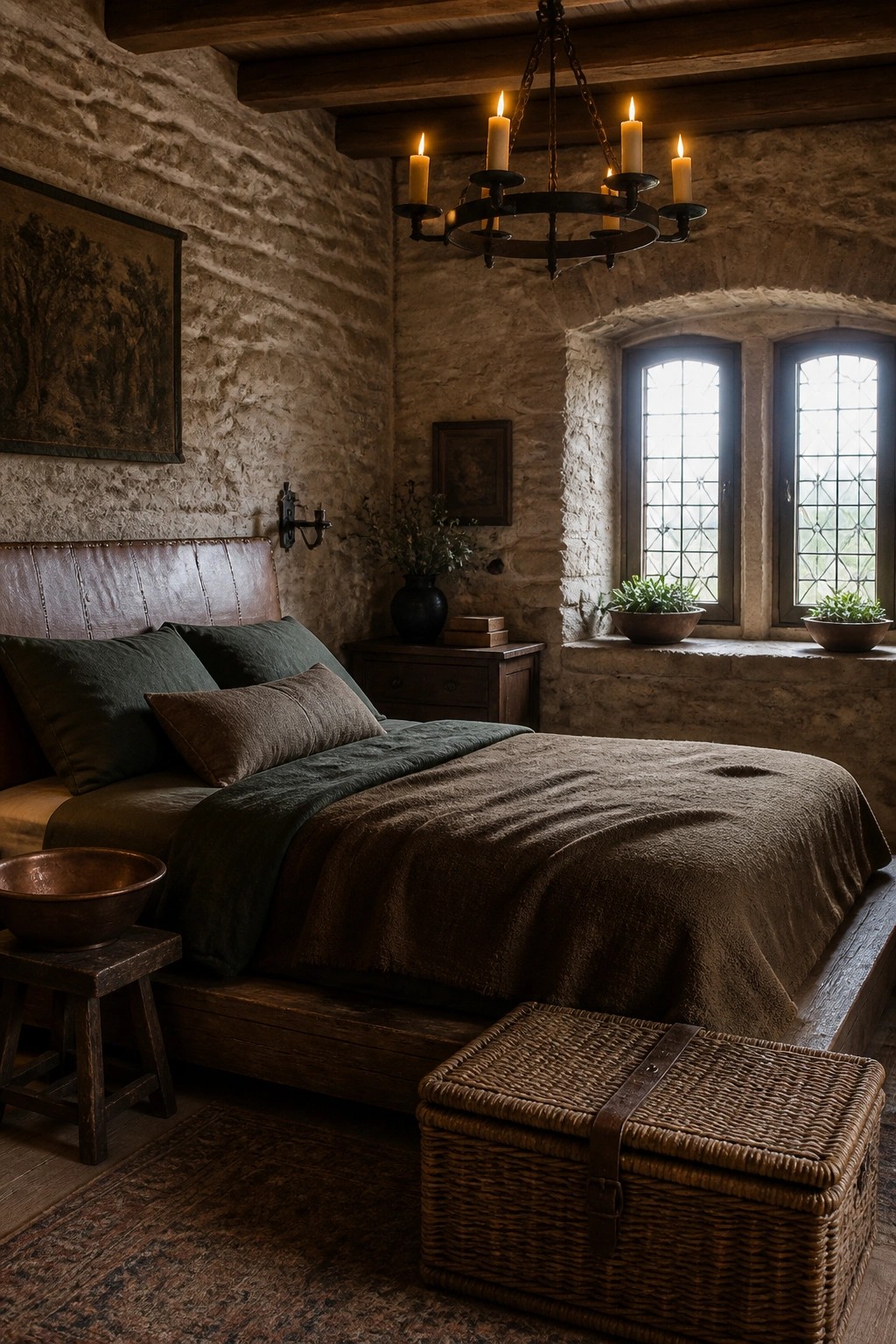 A bedroom with rough stone walls, a low wooden bed dressed in dark brown and green bedding, a candle chandelier overhead, and two small windows on the right.
