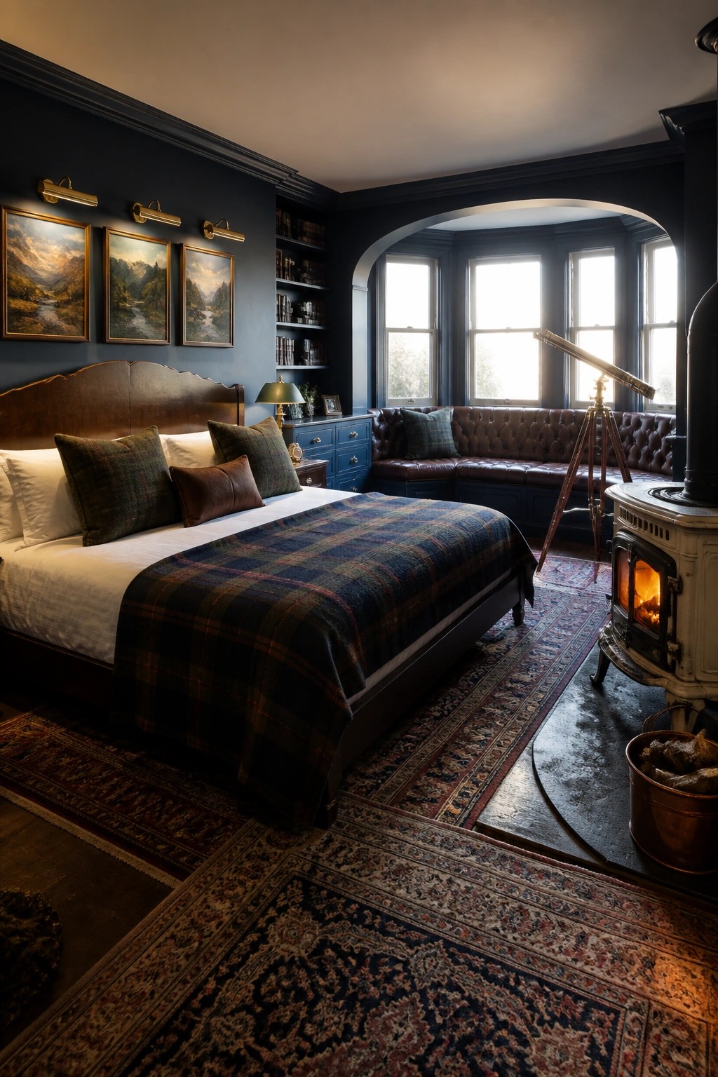 A bedroom with dark blue walls, a large bed with plaid bedding, a brown leather sofa under arched windows, and a white wood stove on the right.