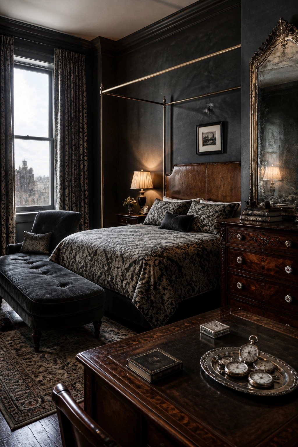 A dark bedroom with a brass four-poster bed, brown leather headboard, dark patterned bedding, and wooden furniture including a dresser and desk.