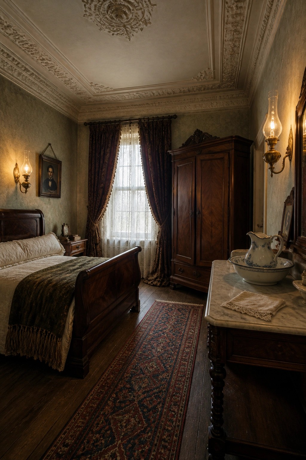 A vintage bedroom with a dark wood sleigh bed on the left, a tall wooden wardrobe against the back wall, a patterned runner rug, and a marble-topped washstand on the right.