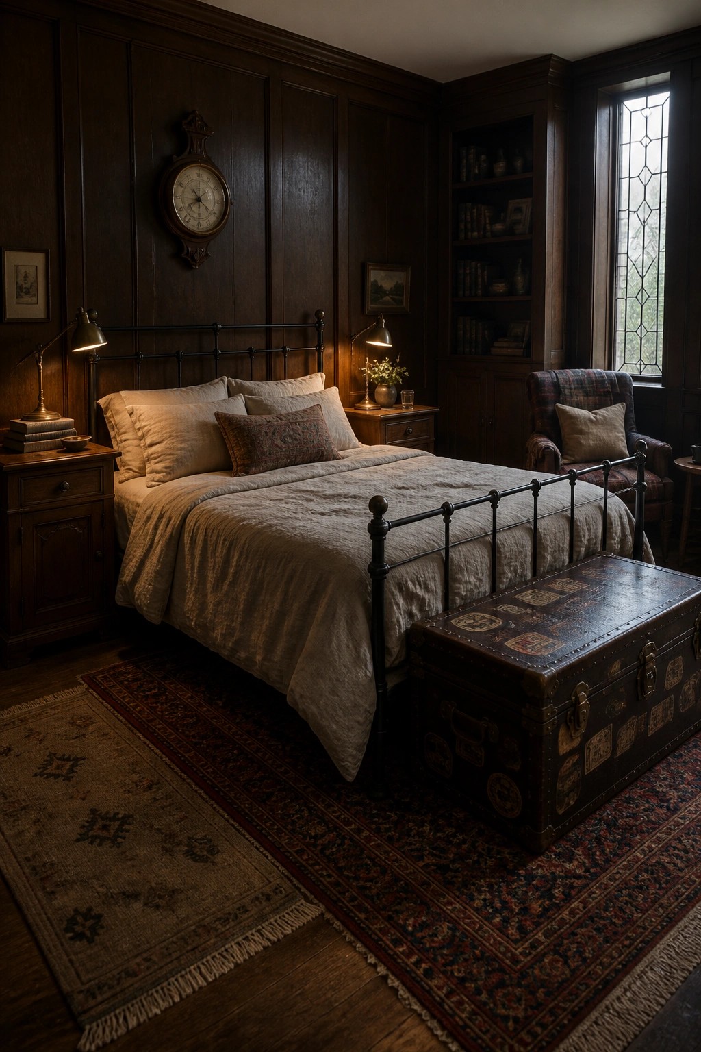 A dimly lit bedroom with dark wood paneled walls, a black metal bed, layered patterned rugs, a vintage trunk at the foot of the bed, and a window on the right.