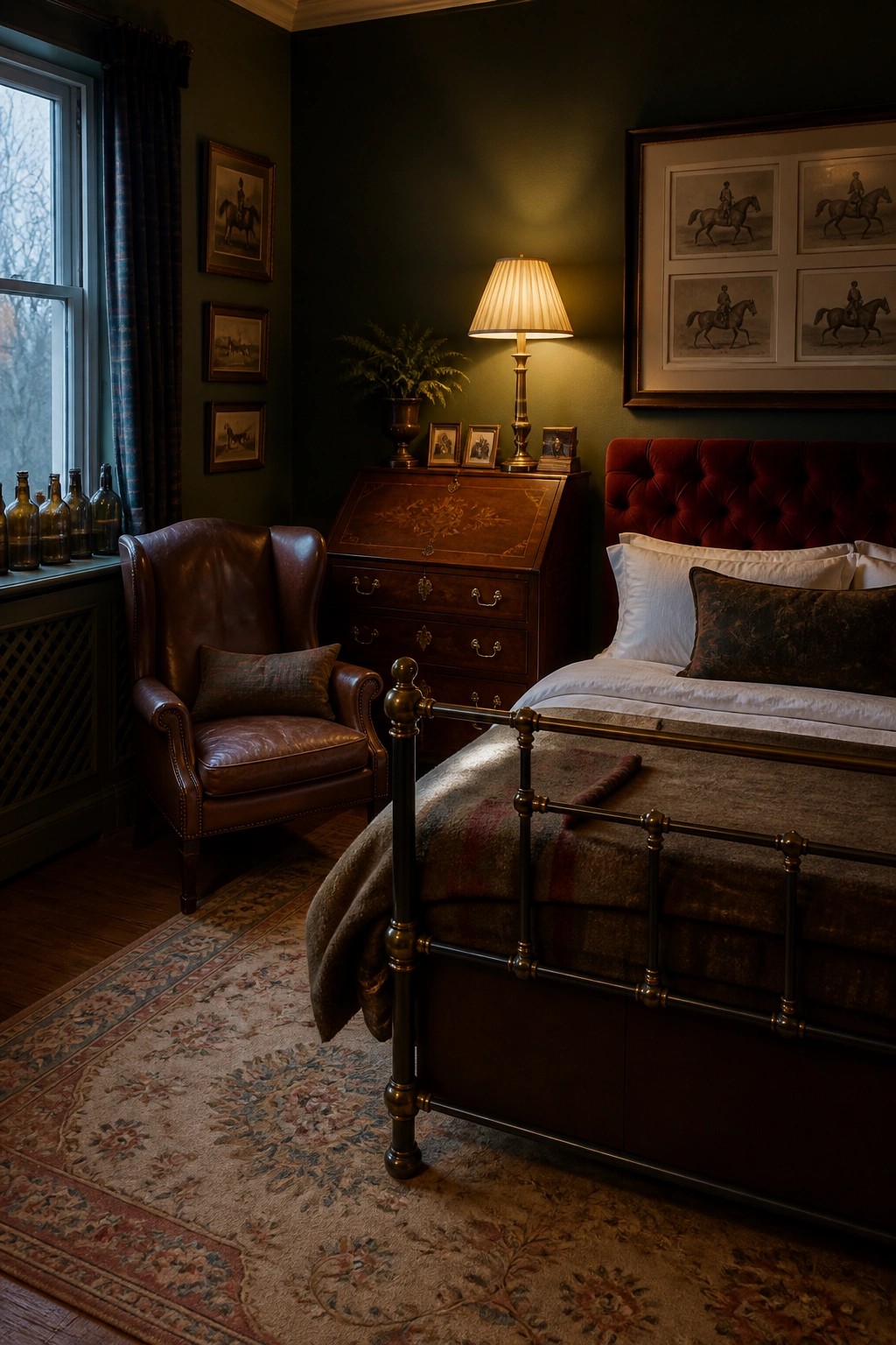 A bedroom with dark green walls featuring a brass bed with a red tufted headboard, a brown leather wingback chair, a wooden secretary desk, and several equestrian prints on the walls.