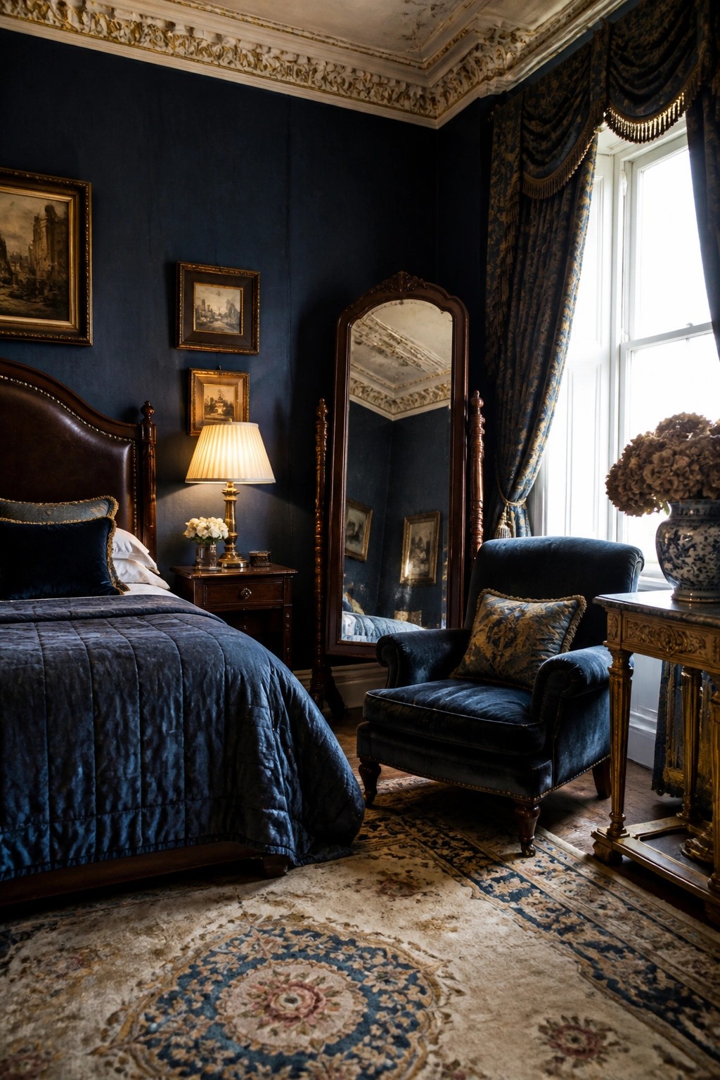 Elegant dark blue bedroom with velvet bed, armchair, mirror, and patterned rug.